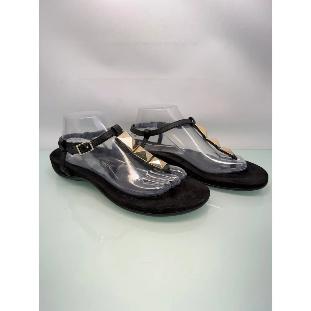 Vionic Thong Sandals Women 11 Black Gold Studded Y2K Minimalist Quiet Luxury - Picture 7 of 11